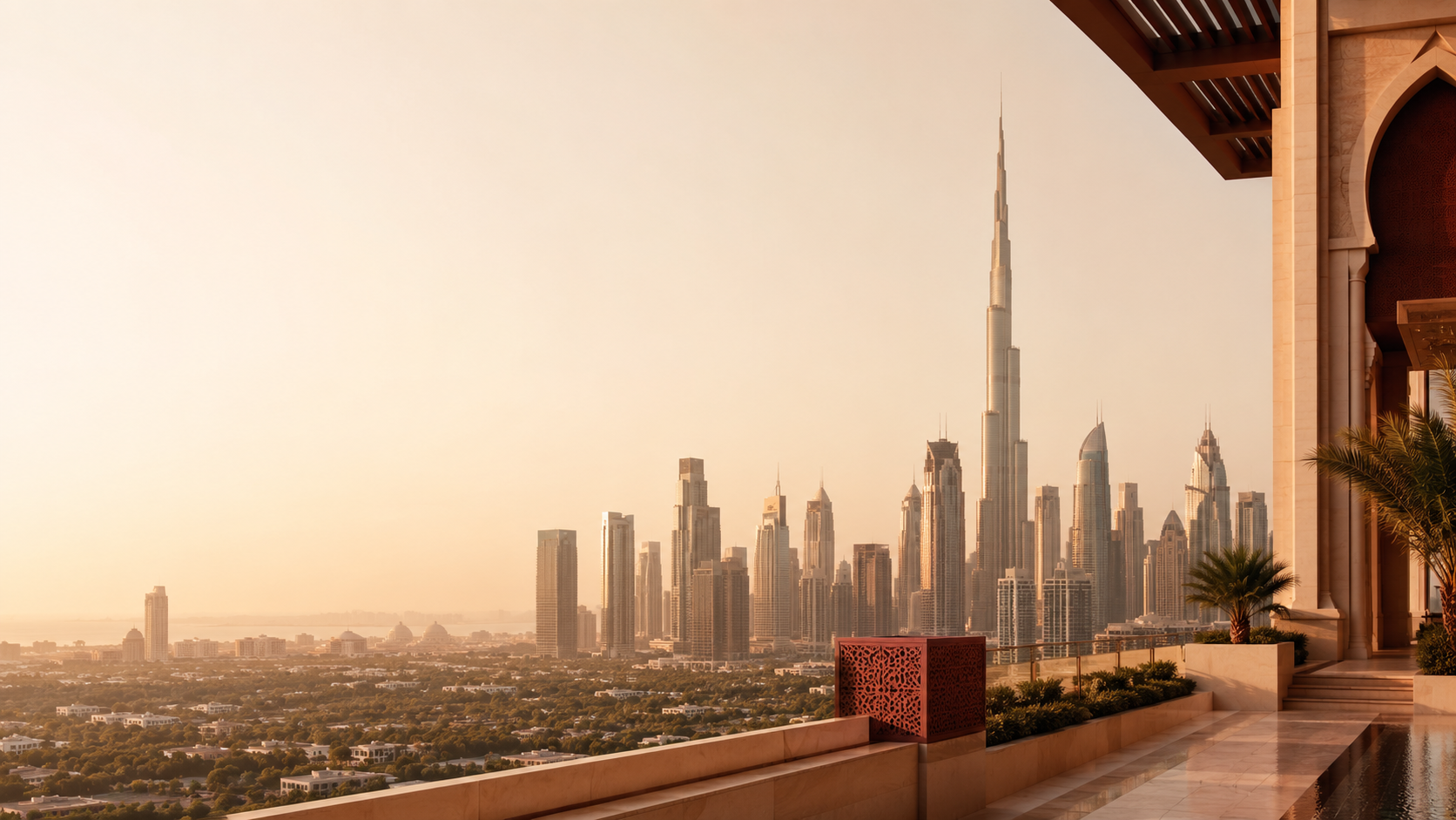 Dubai skyline at golden hour, viewed from a Mayfair-style terrace — Eliter's home cities.